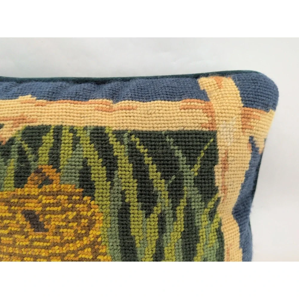 VTG Fly Fishing Fish Pillow Needlepoint Creel Outdoor Cottage Lakehouse Wool
